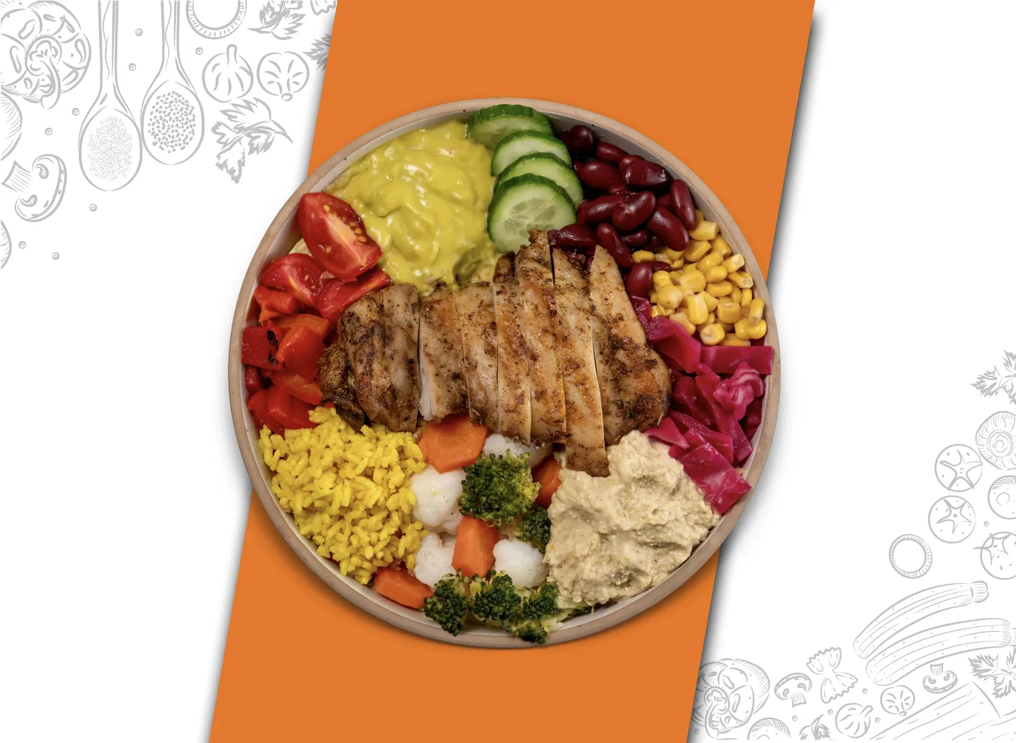 Bowl Kase with grilled chicken cutlet and hummus
